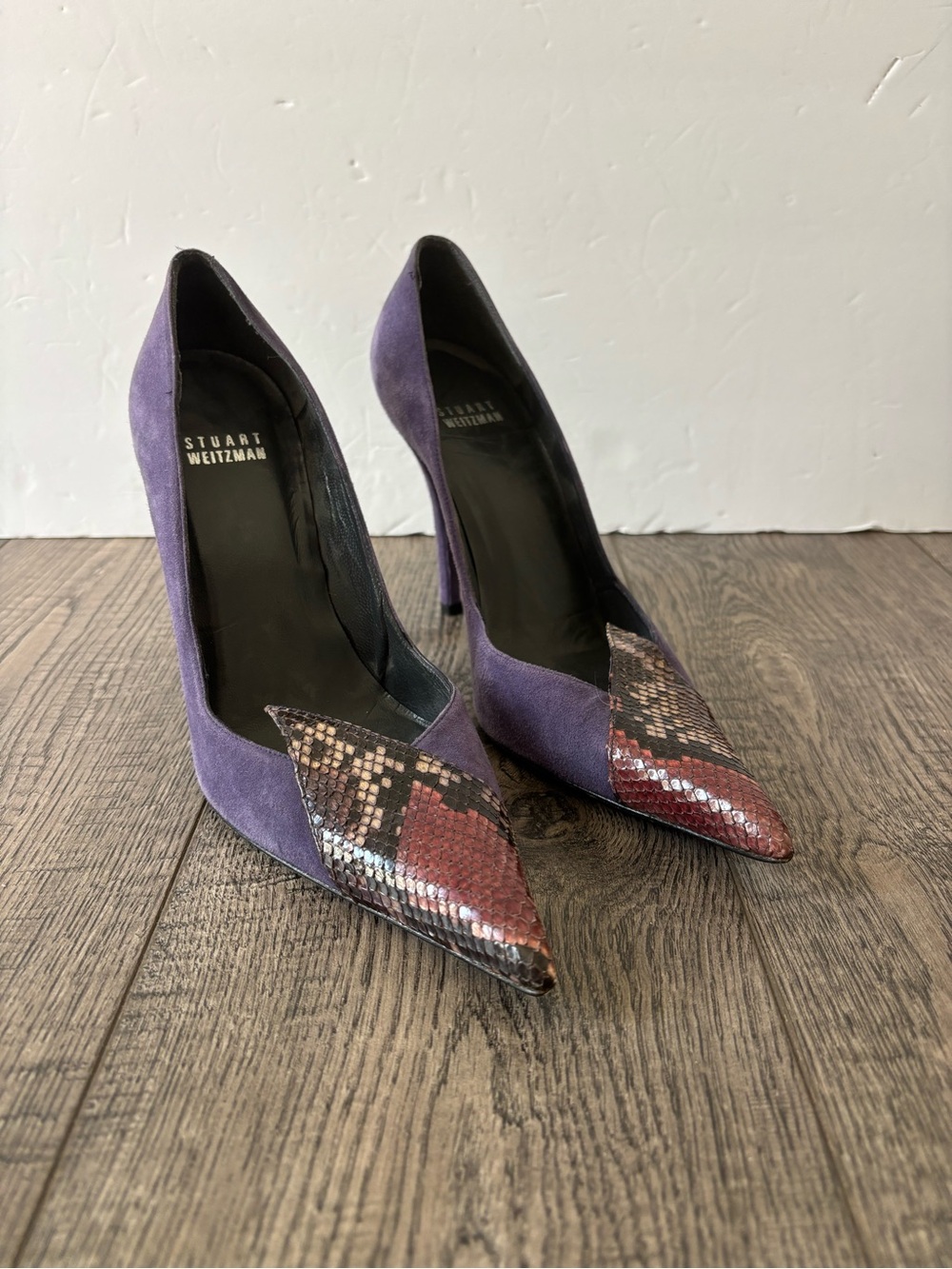 Stuart Weitzman Purple Suede Pumps with Red Snake skin Pointed Toe
